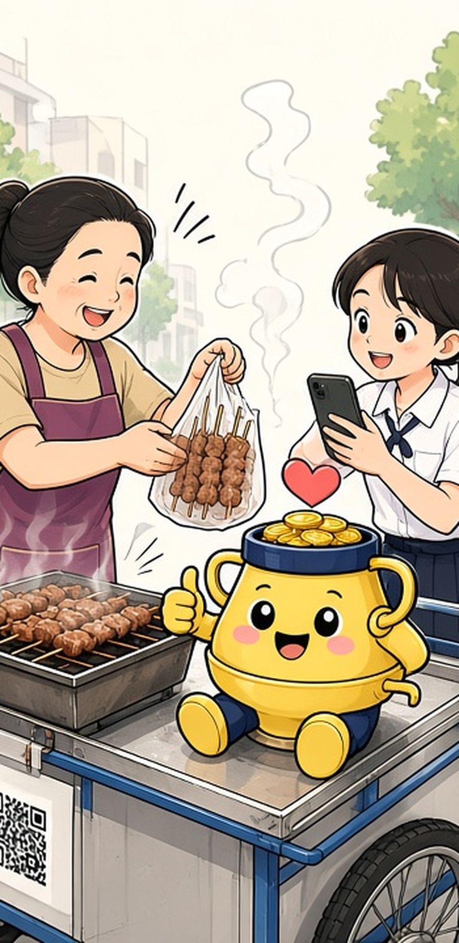 รถเข็นสตรีทฟู้ดหมูปิ้ง ลูกค้าสแกน QR แม่ค้ายื่นถุงอาหาร มาสคอต ตังค์เข้า นั่งข้างรถเข็น